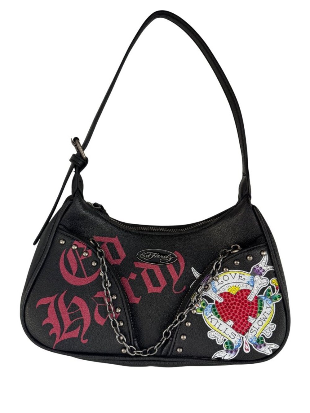 Ed Hardy Black Shoulder Bag With Rhinestone Heart & Chain Accents